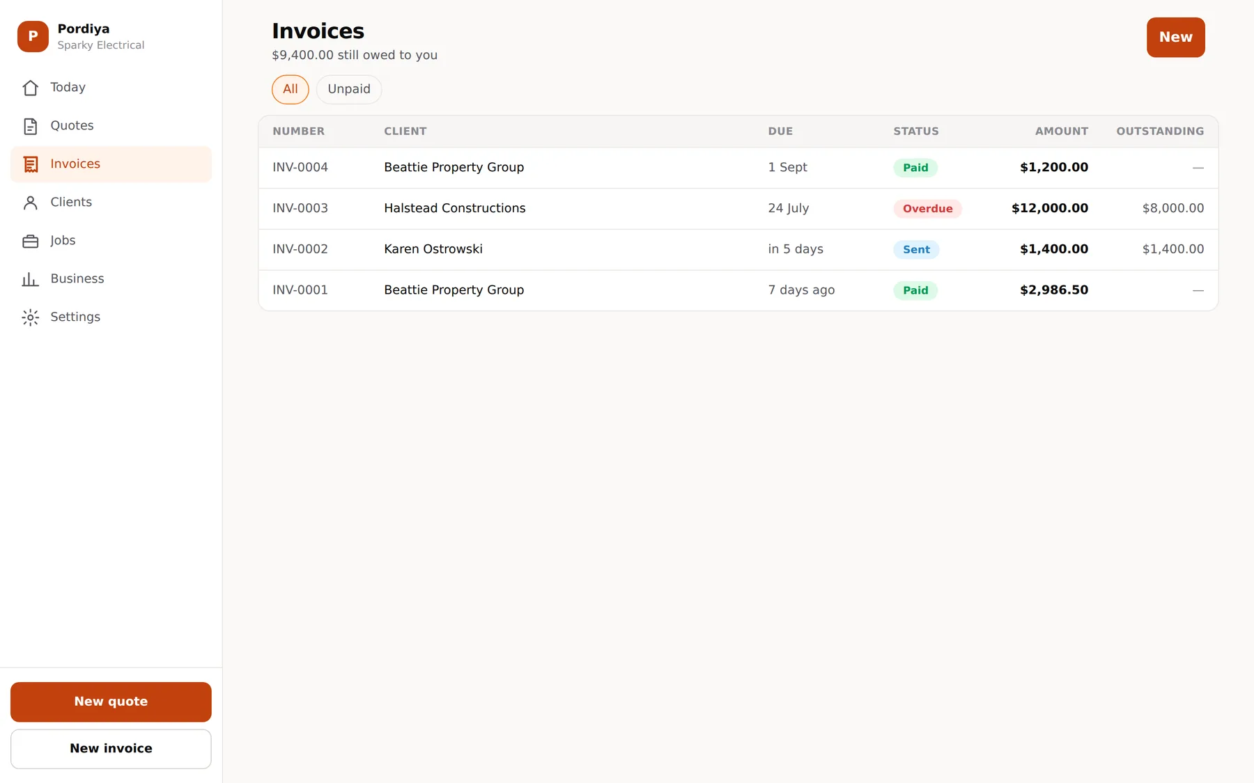 Pordiya on a desktop computer, showing the invoice list with status and outstanding amounts