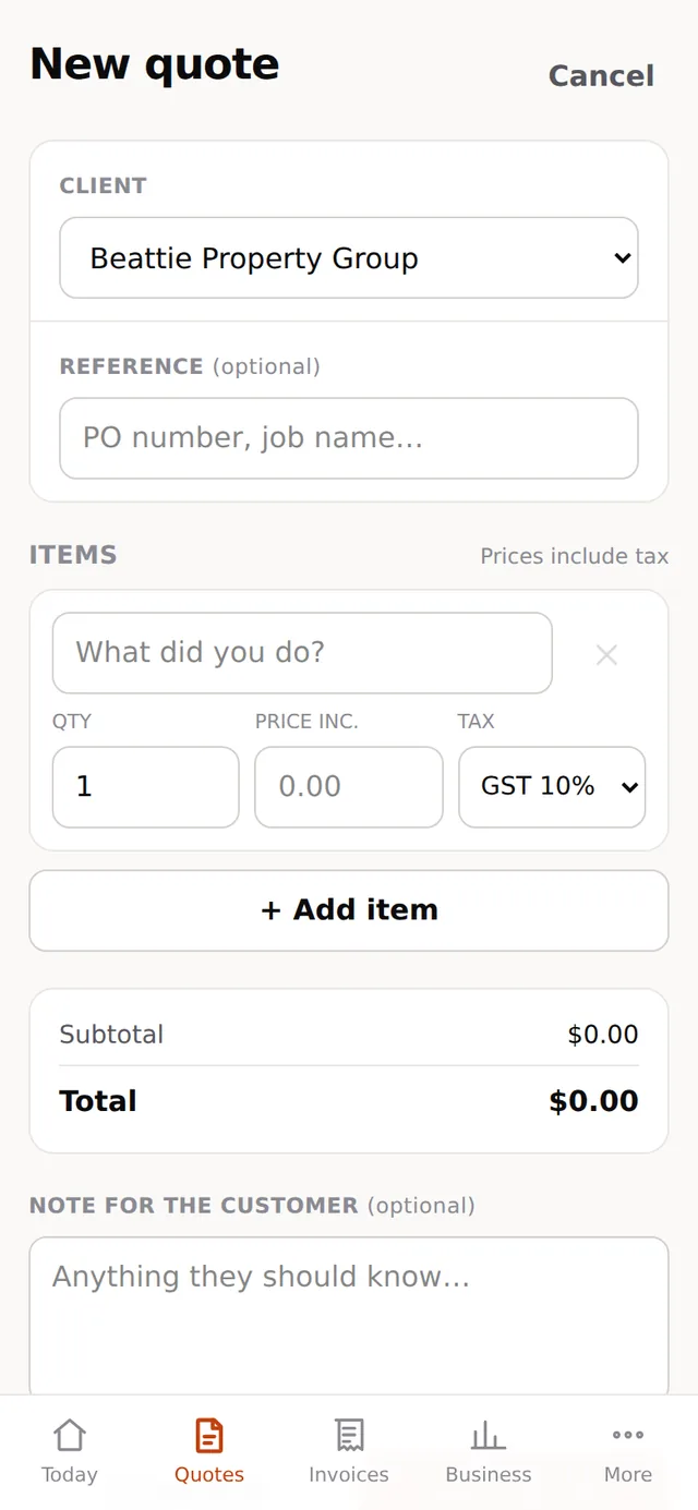 Building a quote on a phone, with line items, quantities and tax