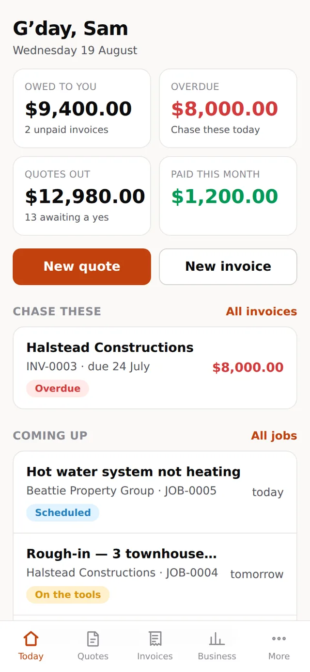The Pordiya home screen on a phone, showing money owed, overdue invoices and the next jobs