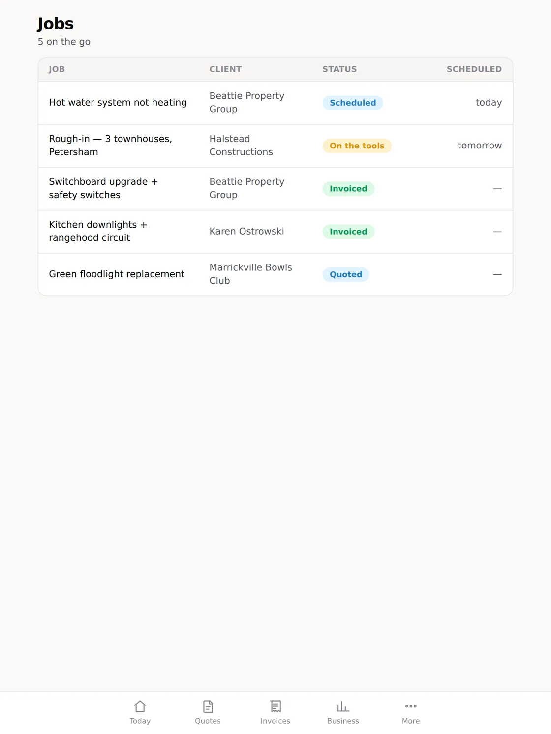 The jobs list on a tablet, showing each job’s client, reference and status
